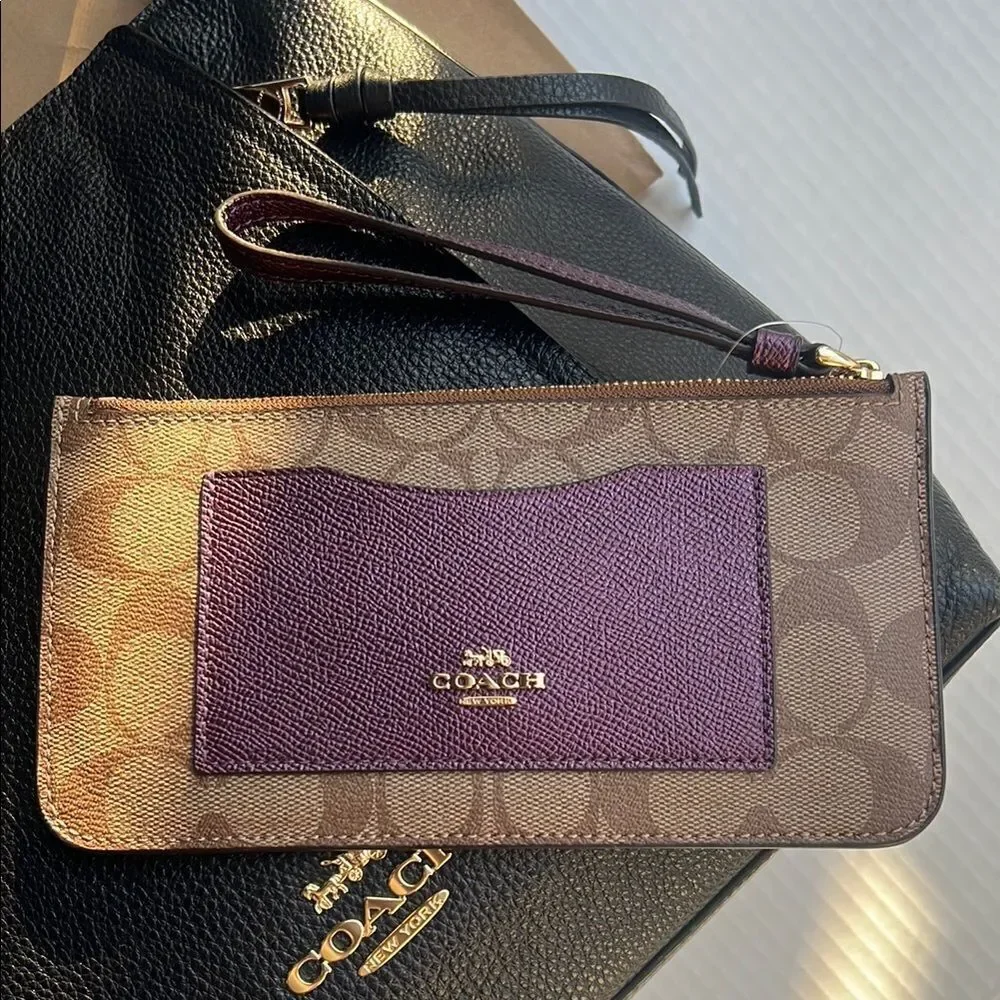 Coach Signature Zip Top Brown and Purple Wristlet